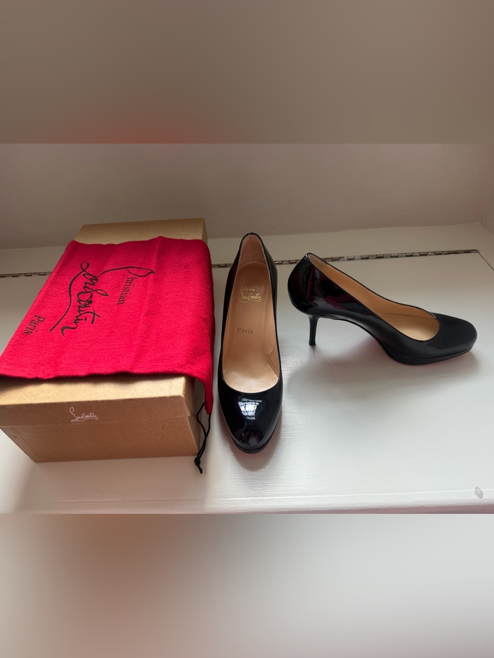 Christian Louboutin Black Patent Leather Mid Heel Pumps